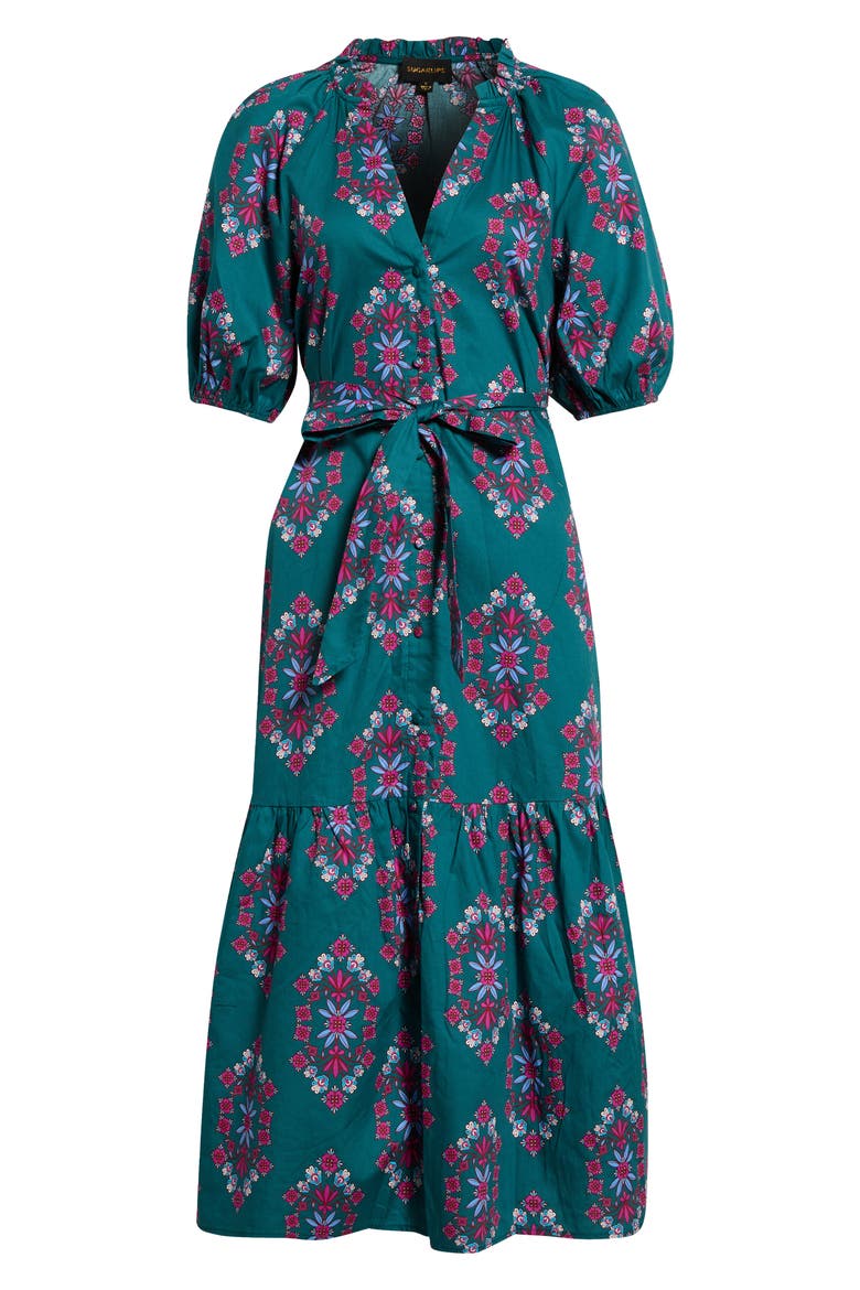 Wynette Tiered Cotton Midi Dress, Alternate, color, TEAL-PINK