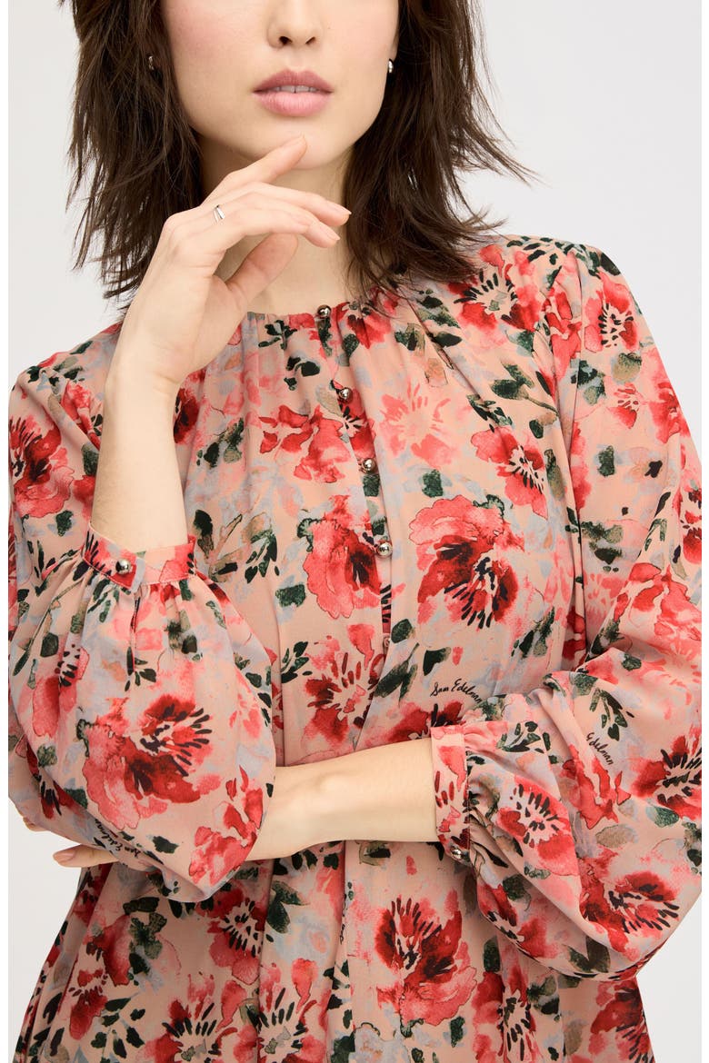 Floral Long Sleeve Shift Minidress, Alternate, color, ALMOND WATERCOLOR FLORAL