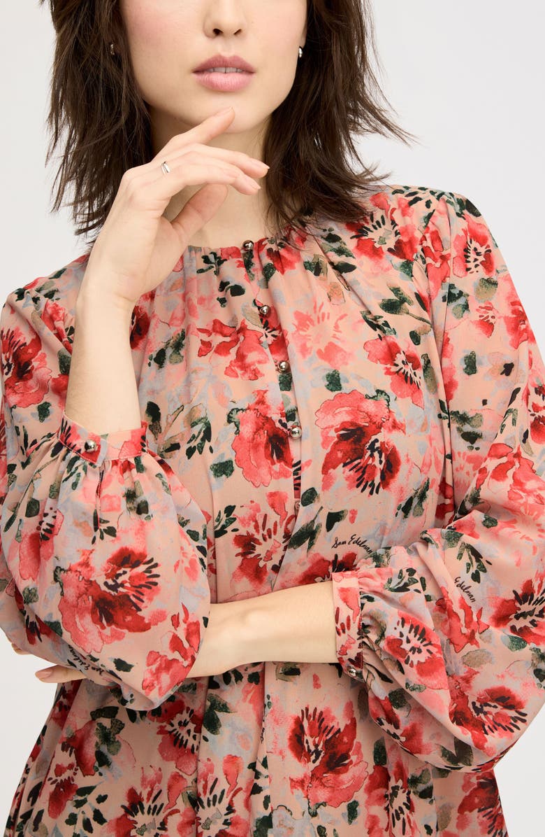 Sam Edelman Floral Long Sleeve Shift Minidress, Alternate, color, Almond Watercolor Floral