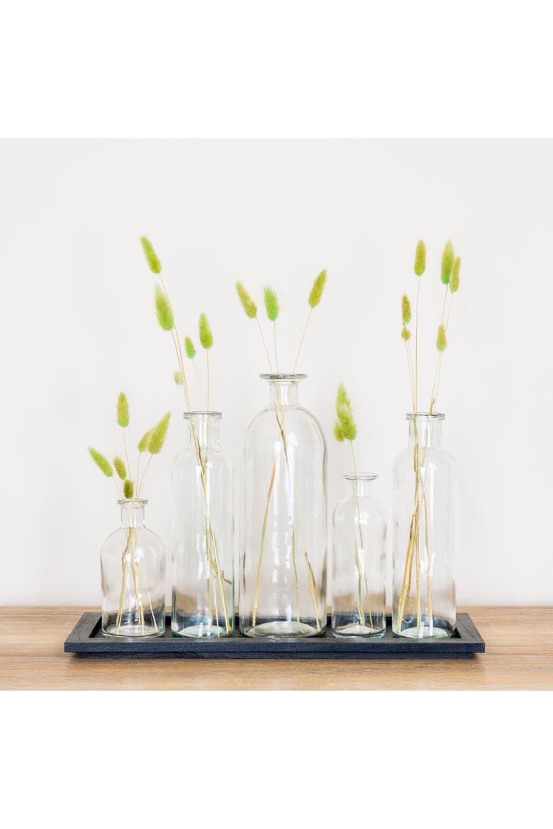 Black Wood Tray with Glass Bottle Vases, Set of 5, Alternate, color, Black