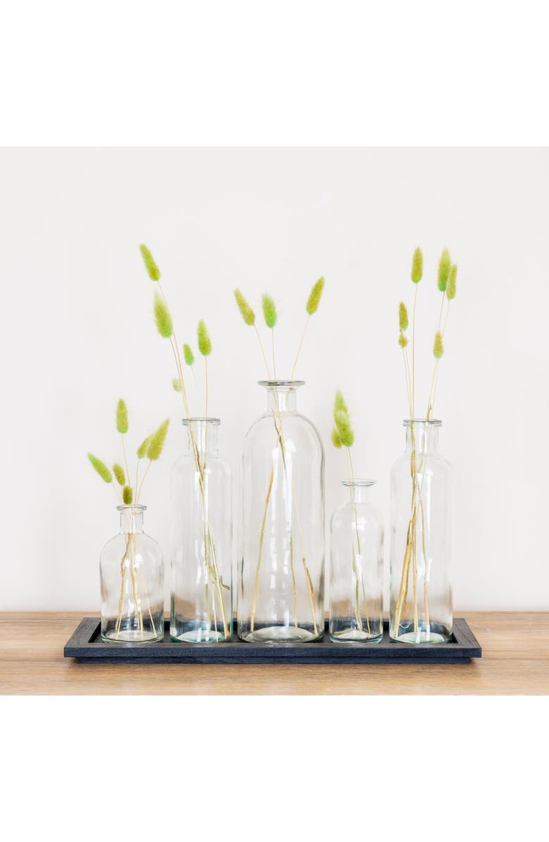 Storied Home Black Wood Tray with Glass Bottle Vases, Set of 5 Sizes, Alternate, color, Black