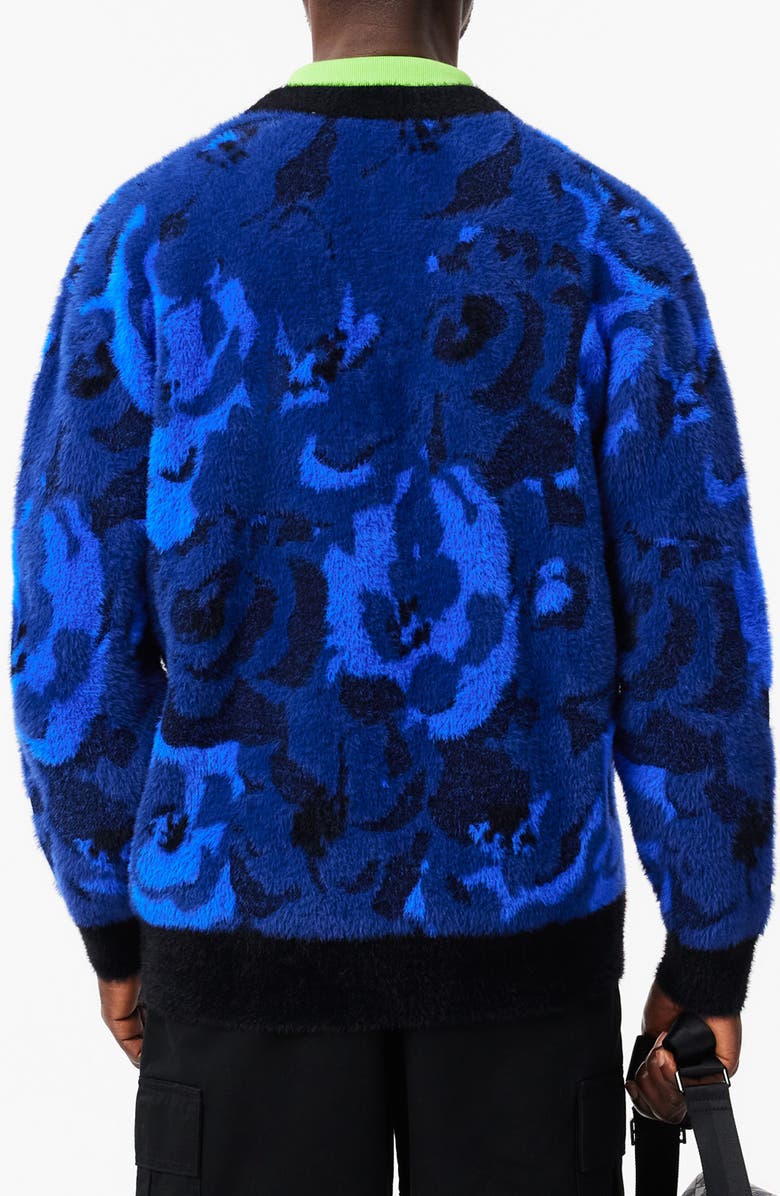 Lacoste Relaxed Fit Intarsia Floral Cardigan, Alternate, color, Globe/ Navy Blue-Lazuli