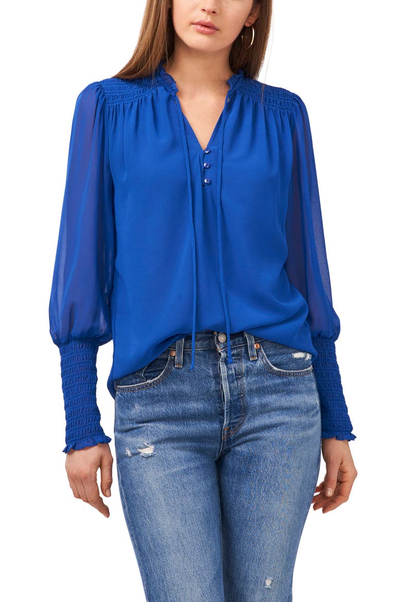 Leopard Print Shirred Tie Neck Blouse, Main, color, COBALT SEA