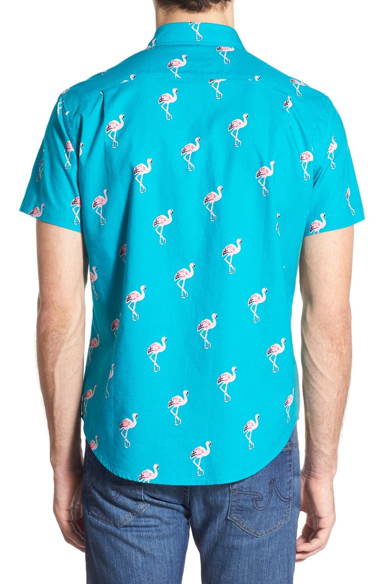 'Flamingo Stand' Slim Fit Short Sleeve Sport Shirt, Alternate, color, LANAI TURQ