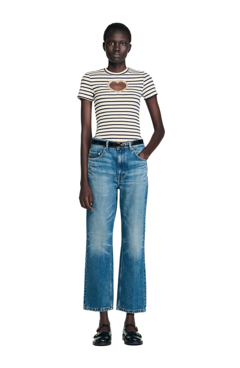 SANDRO Rhinestone heart T-shirt, Alternate, color, Ecru