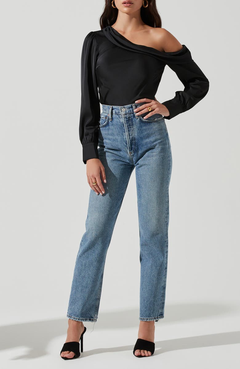 ASTR the Label One-Shoulder Satin Long Sleeve Top, Alternate, color,