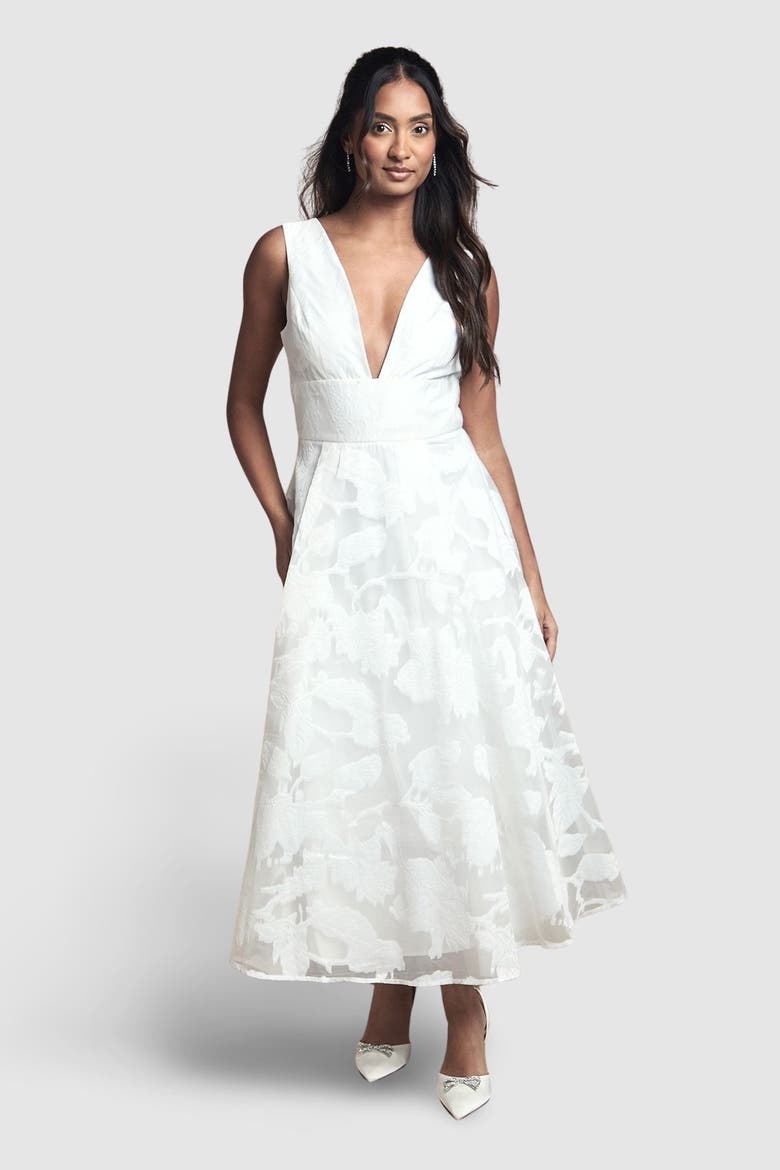 Plunge V-Neck Jacquard Midi Dress, Main, color, Ivory