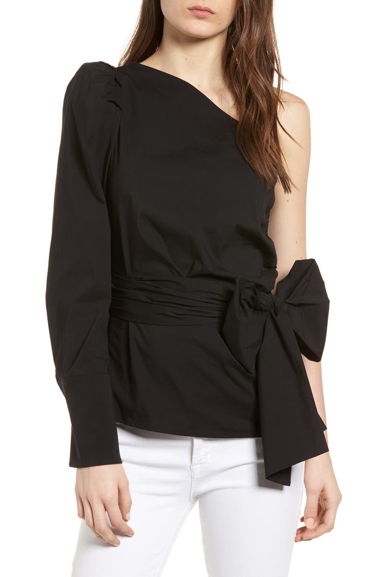 Belted One-Shoulder Blouse, Main, color, BLACK