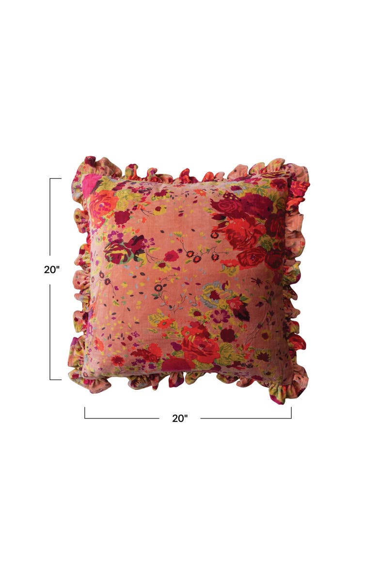Cotton Velvet Printed Pillow with Floral Pattern, Chambray Back and Ruffle, Multicolor, Alternate, color, Multicolor