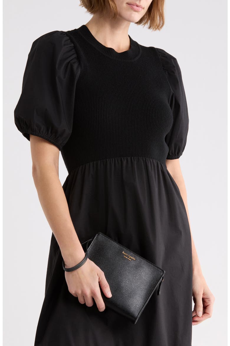 Gusseted Leather Wristlet, Alternate, color, BLACK