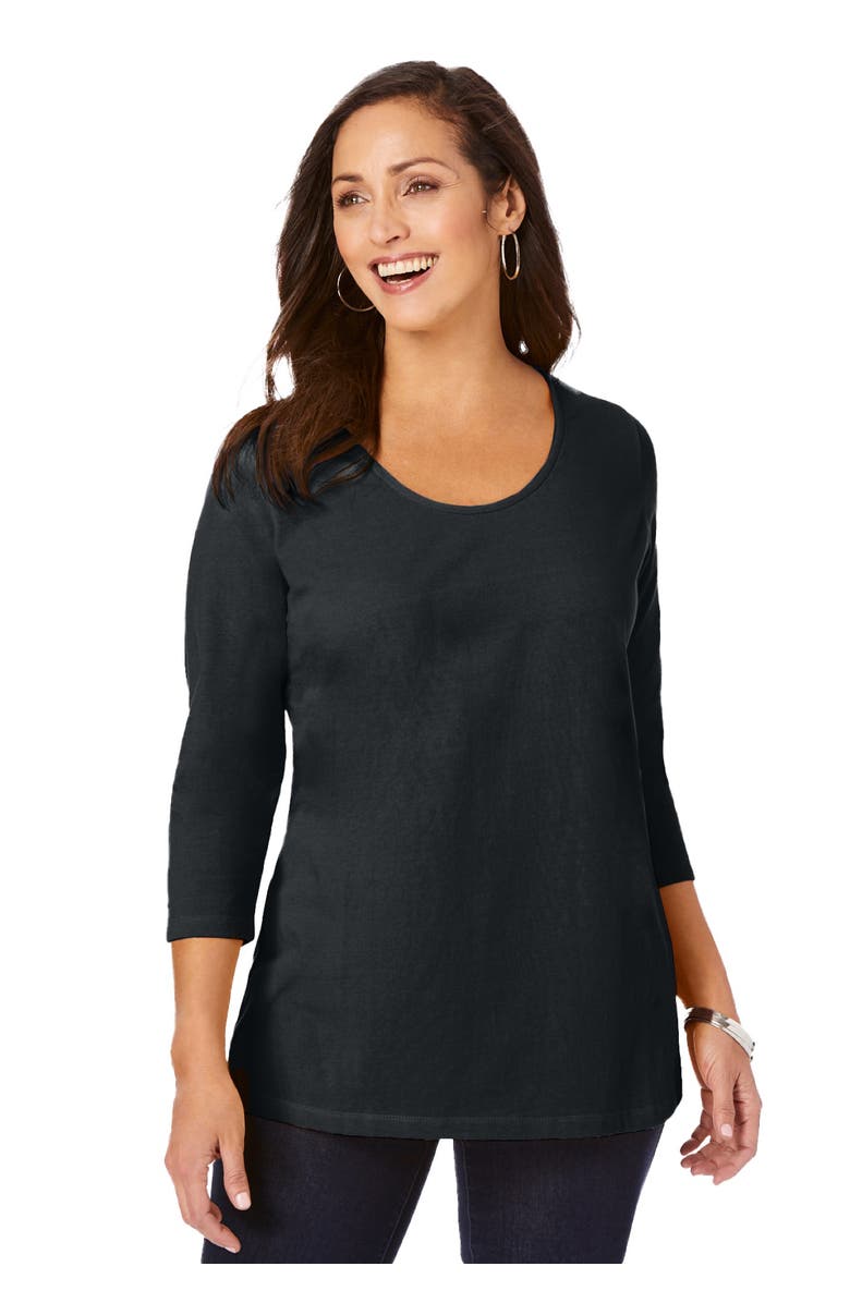 Jessica London Stretch Cotton Scoop Neck Tee, Main, color, Black