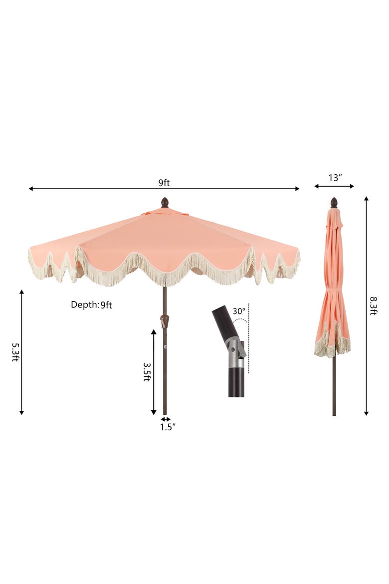 Collins Bohemian Fringe Outdoor Patio Umbrella with Crank Lift and Tilt, Scalloped UV-Resistant Canopy, Aluminum Pole, Alternate, color, Coral Pink/Cream