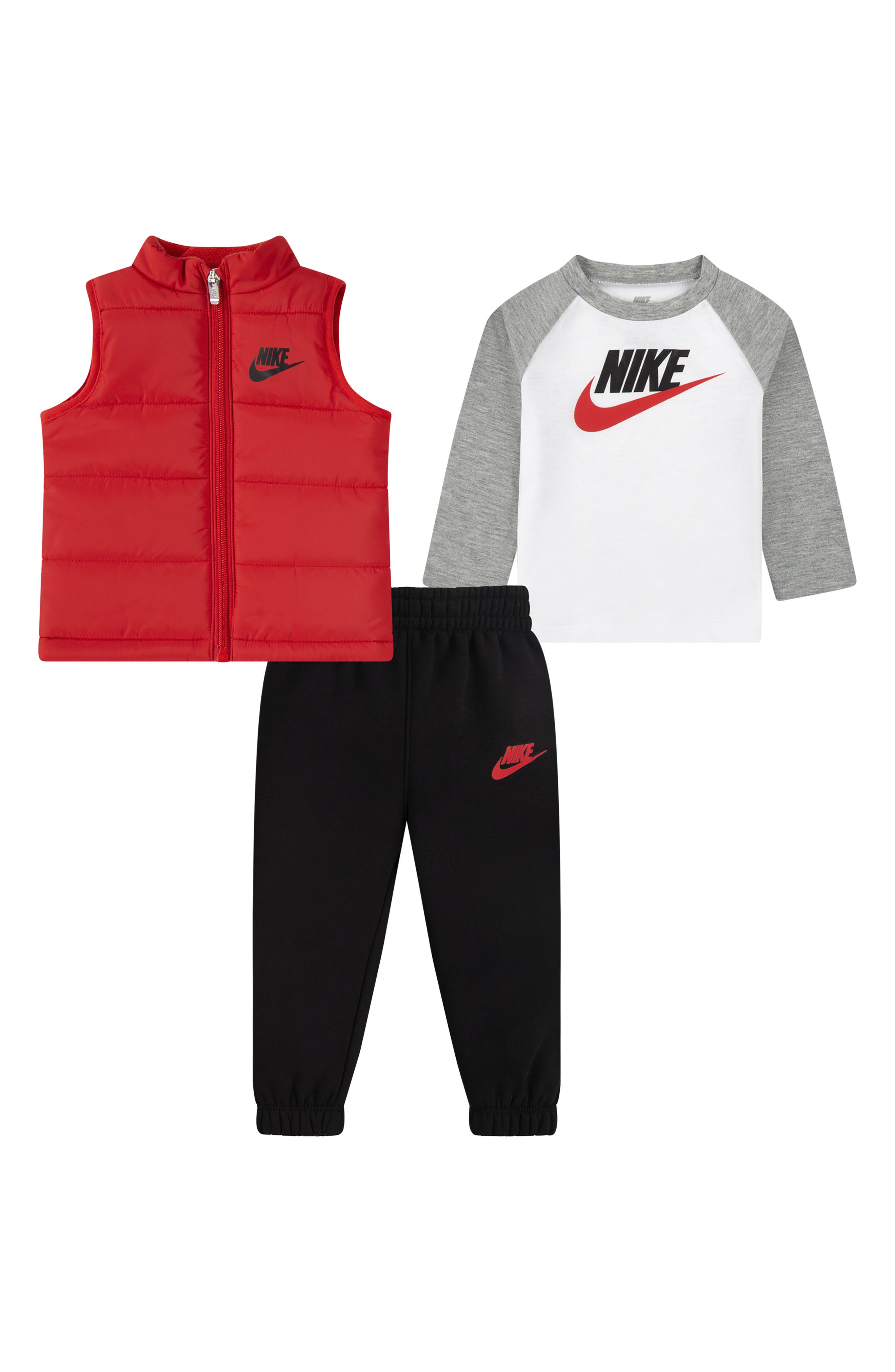 Nike Colorblock Puffer Vest, Logo T-Shirt & Fleece Joggers Set