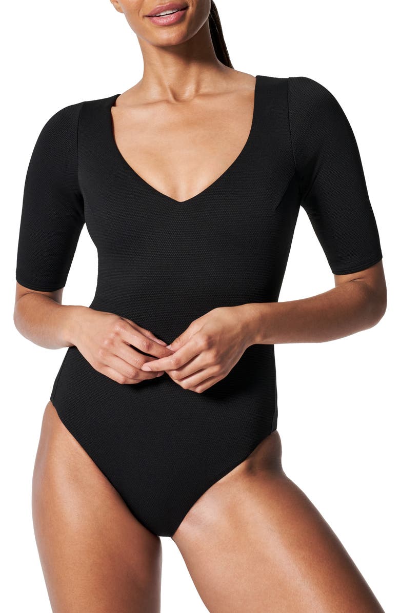SPANX<sup>®</sup> Piqué Shaping Short Sleeve One-Piece Rashguard Swimsuit, Alternate, color, 
