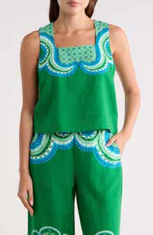 T Tahari Linen Blend Print Top