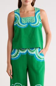 T Tahari Linen Blend Print Top