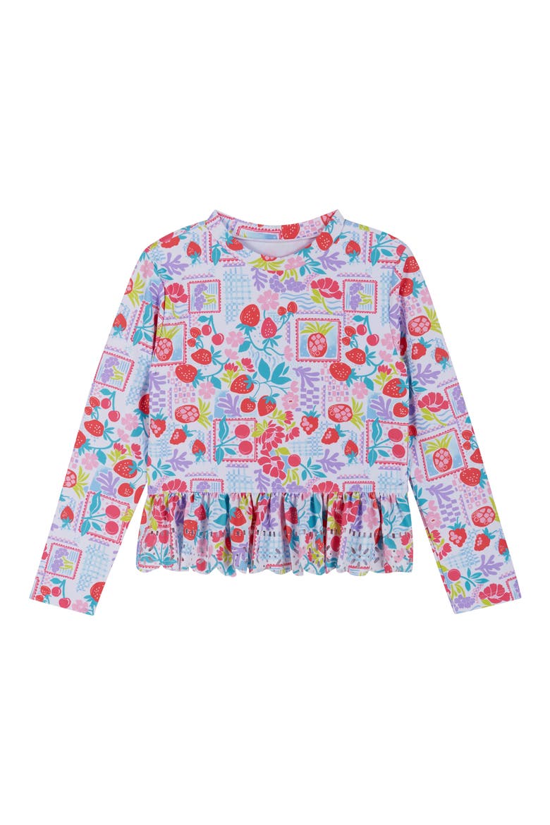 Kids' Ruffle Fruit Print Long-Sleeve Rib Two-Piece Swimsuit, Alternate, color, WHITE FRUIT