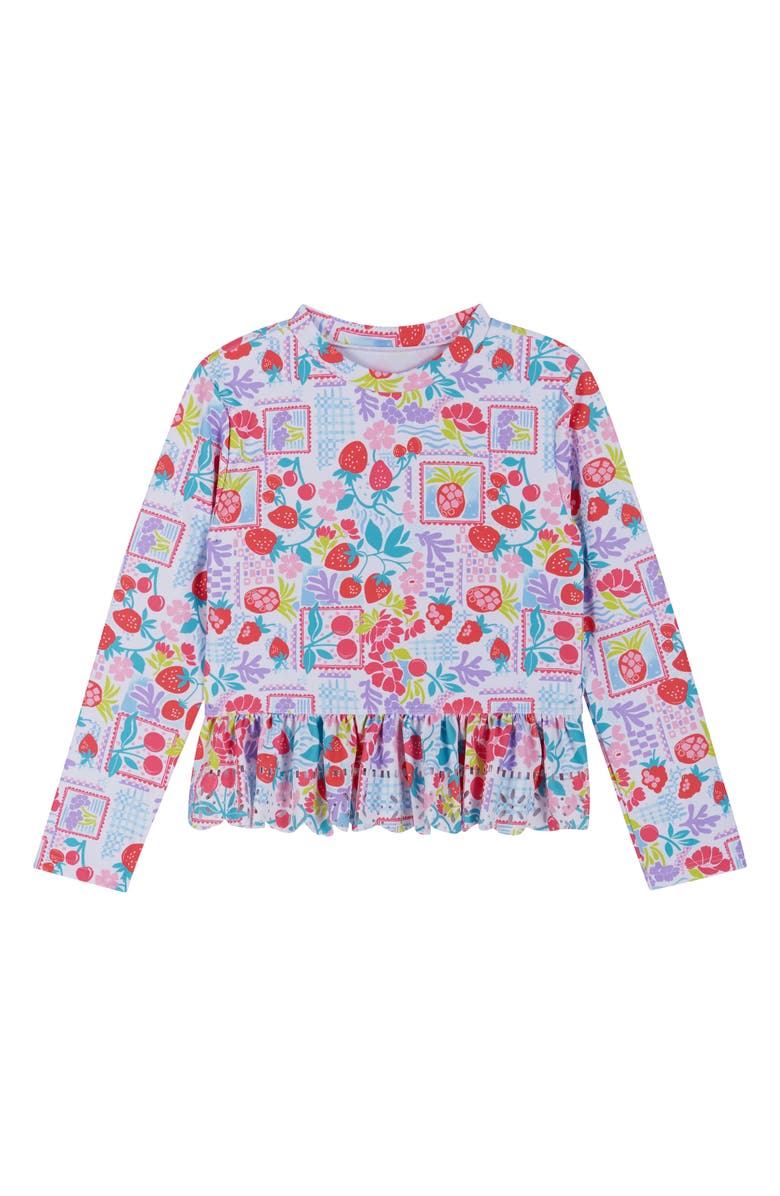 Andy & Evan Kids' Ruffle Fruit Print Long-Sleeve Rib Two-Piece Swimsuit, Alternate, color, White Fruit