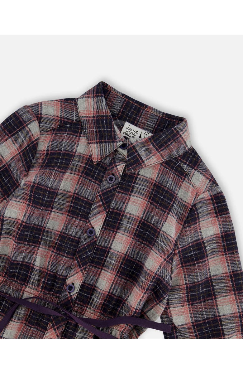 Deux par Deux Girl's Shirt Flannel Dress With Belt Plaid Navy And Pink, Alternate, color,