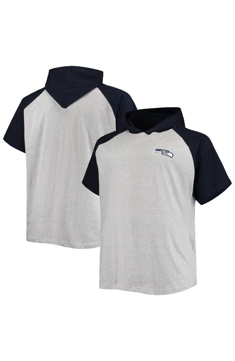 PROFILE Men's Heathered Gray/College Navy Seattle Seahawks Big & Tall Raglan Short Sleeve Pullover Hoodie, Main, color, Heather Gray