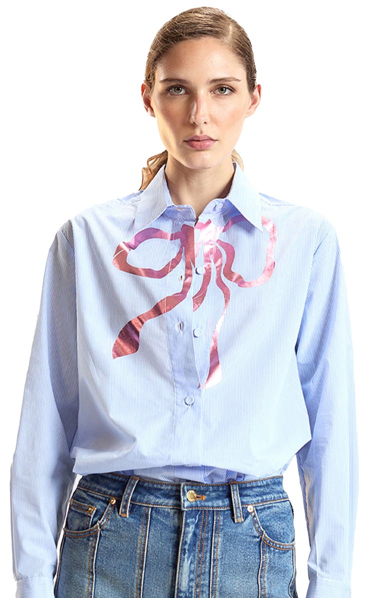 Cynthia Rowley Metallic Bow Cotton Shirt, Alternate, color, Blue
