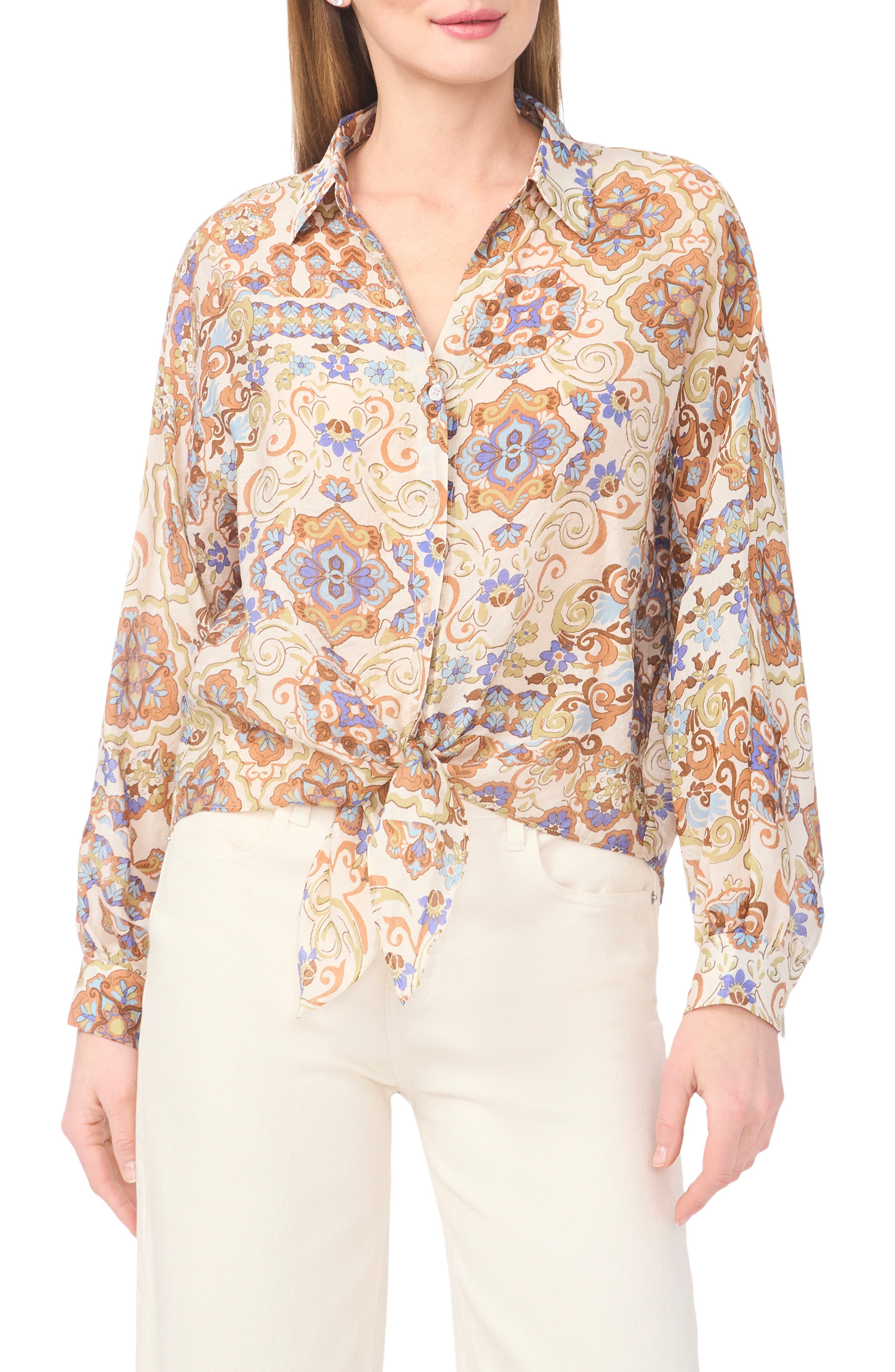 Halogen® Long Sleeve Tie Hem Button-Up Shirt