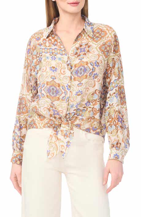 Halogen® Long Sleeve Tie Hem Button-Up Shirt