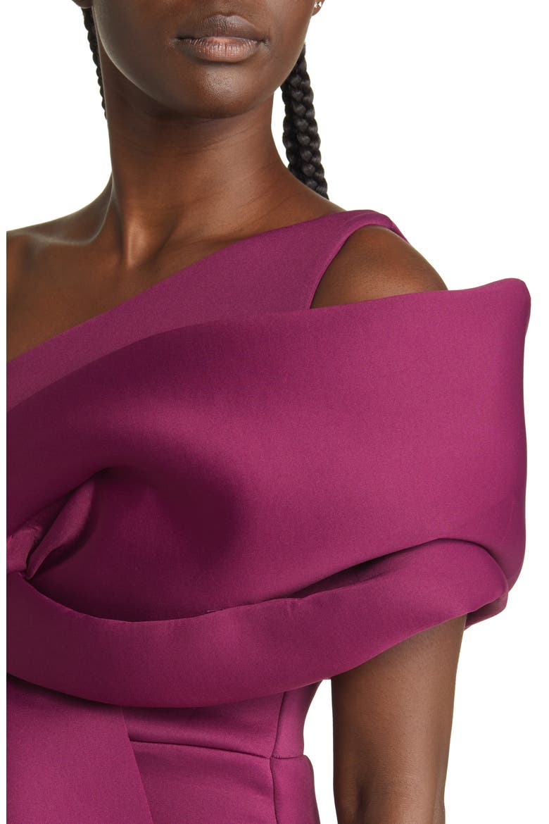 Peekaboo Shoulder Gathered Midi Dress, Alternate, color, PURPLE
