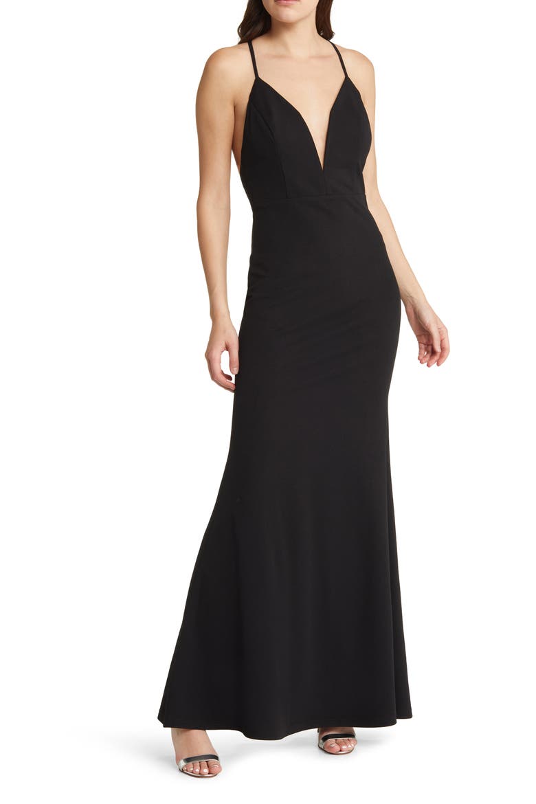 Amelia Plunge Neck Trumpet Gown, Main, color, BLACK