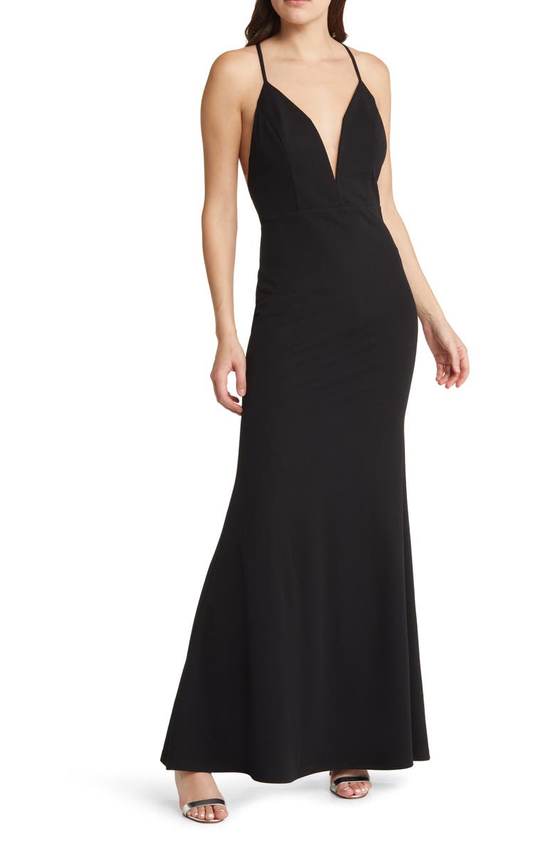 Lulus Amelia Plunge Neck Trumpet Gown, Main, color,