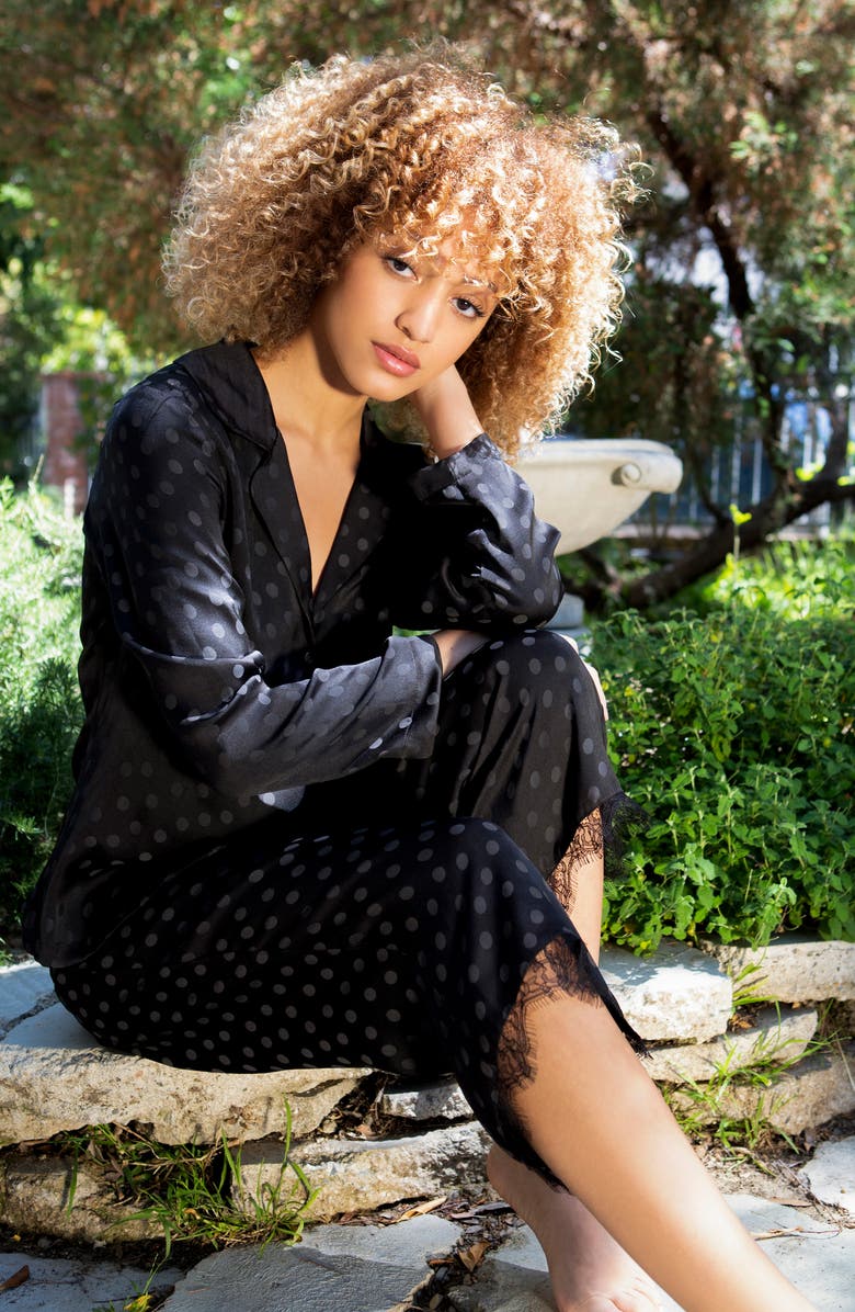 Midnight Bakery Lace Trim Dot Satin Pajamas, Alternate, color, 