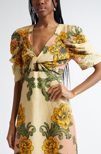Delicate Flower Arabesques Linen Midi Dress