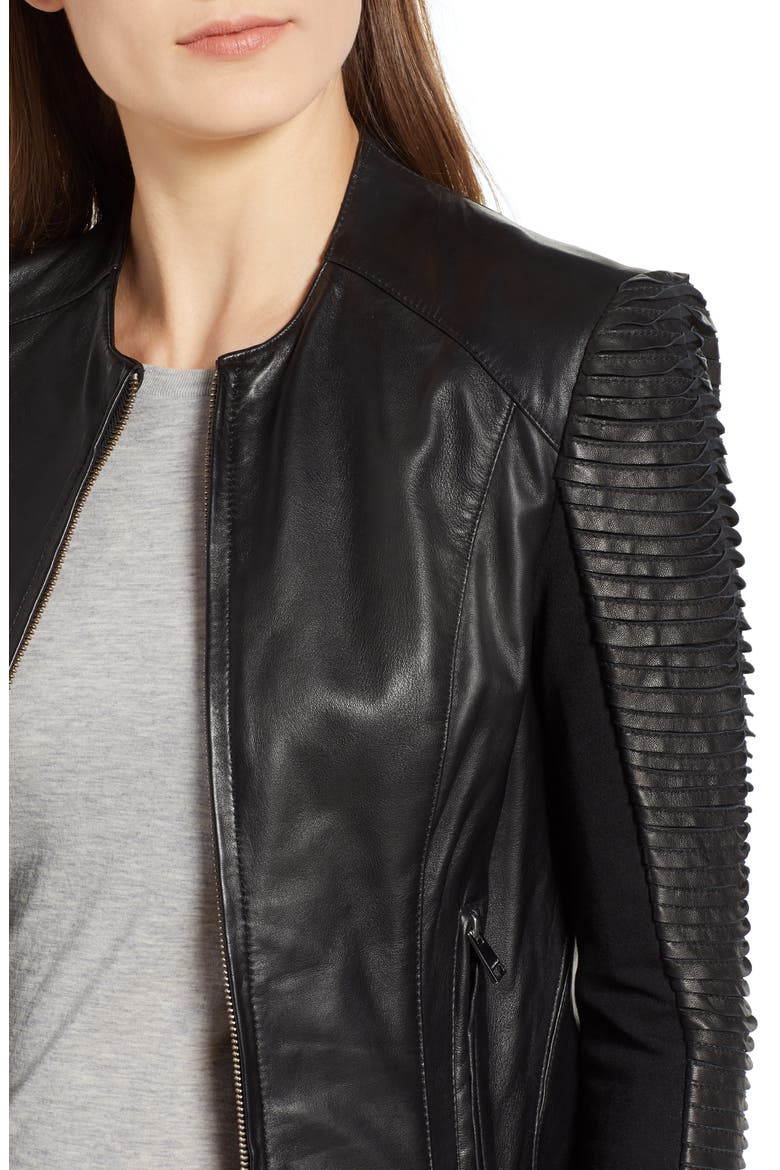 Collarless Pleated Sleeve Leather Jacket, Alternate, color, BLACK