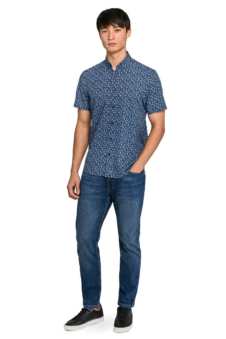 Amber Floral Woven Short Sleeve Basic, Alternate, color, NAVY/RED