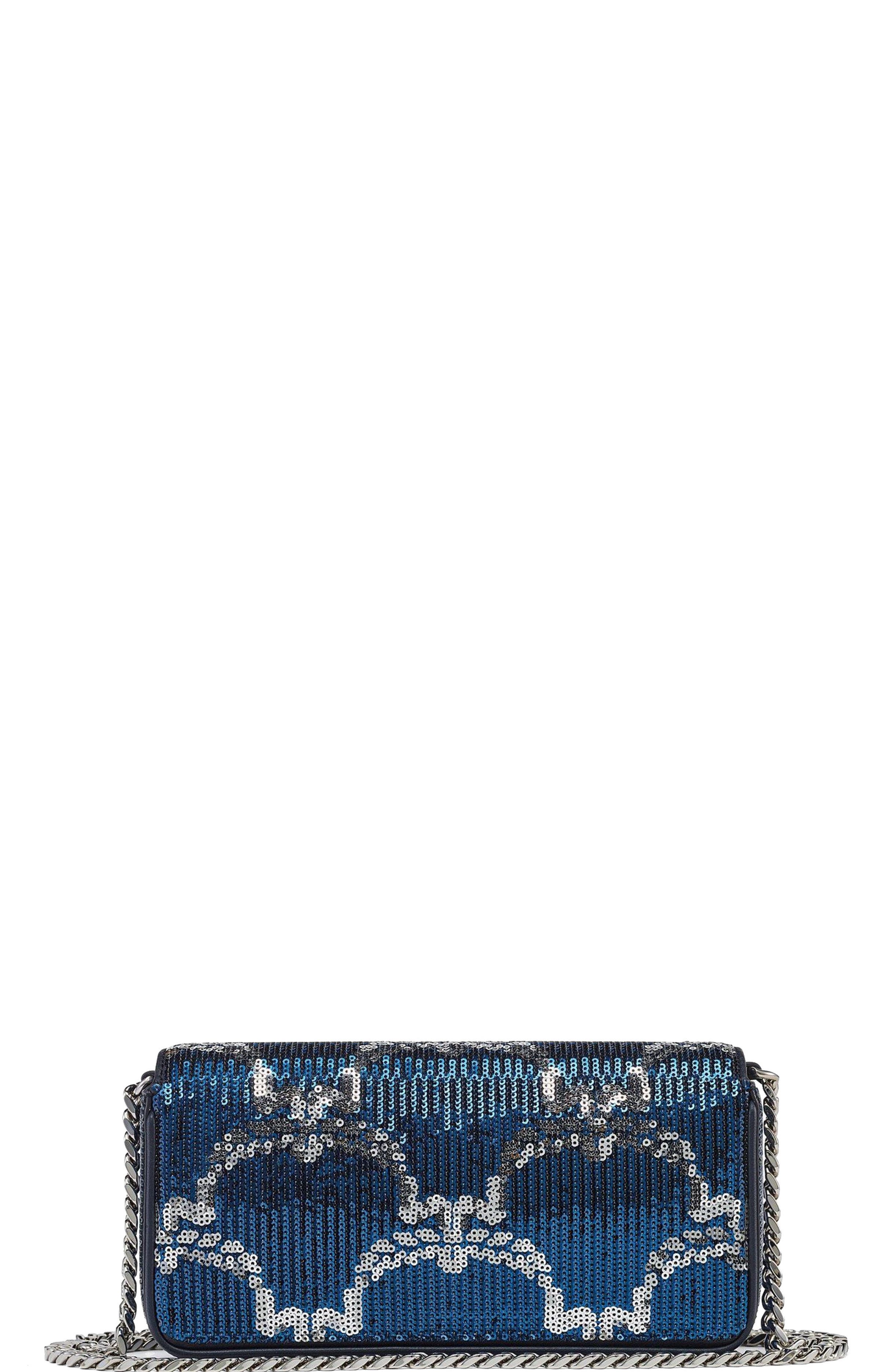 Himmel Shoulder Bag in Sequin Monogram Leather, Alternate, color, blue