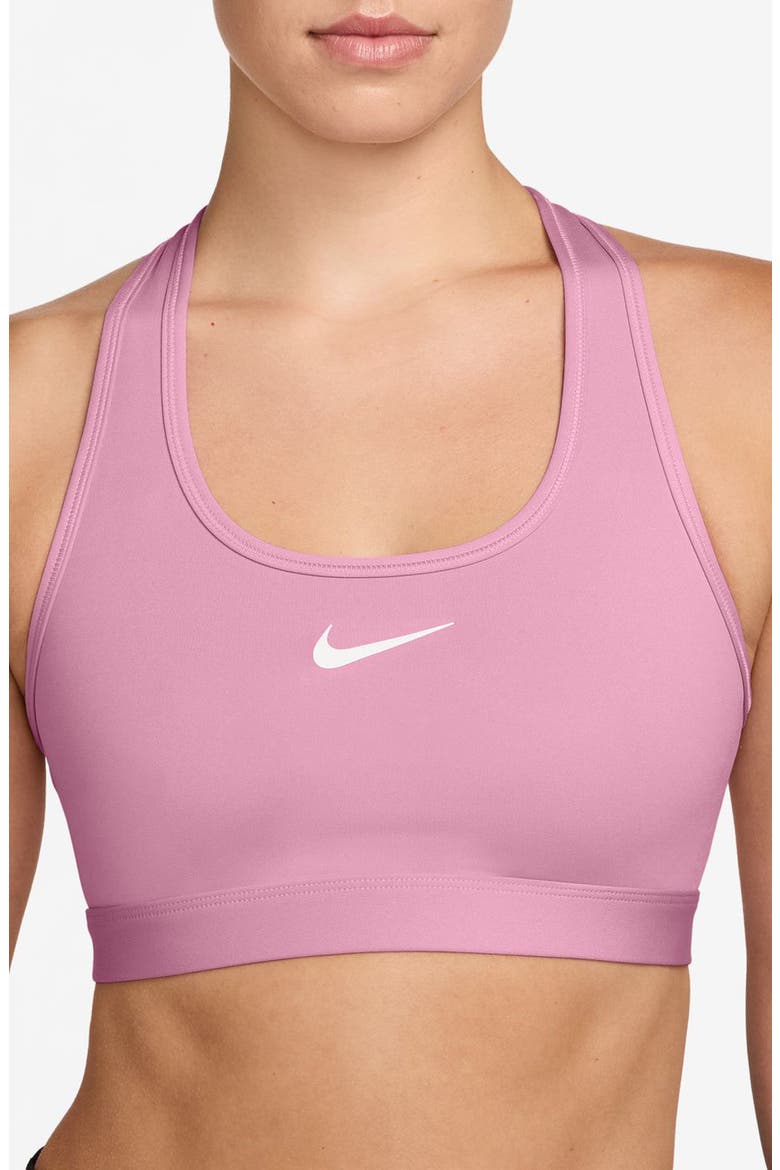 Swoosh Medium Support Dri-FIT Unpadded Sports Bra, Main, color, PINK RISE/ WHITE