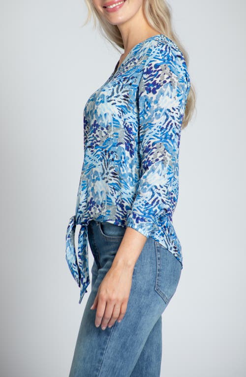 Apny Print V-neck Tie Front Chiffon Top In Blue Multi