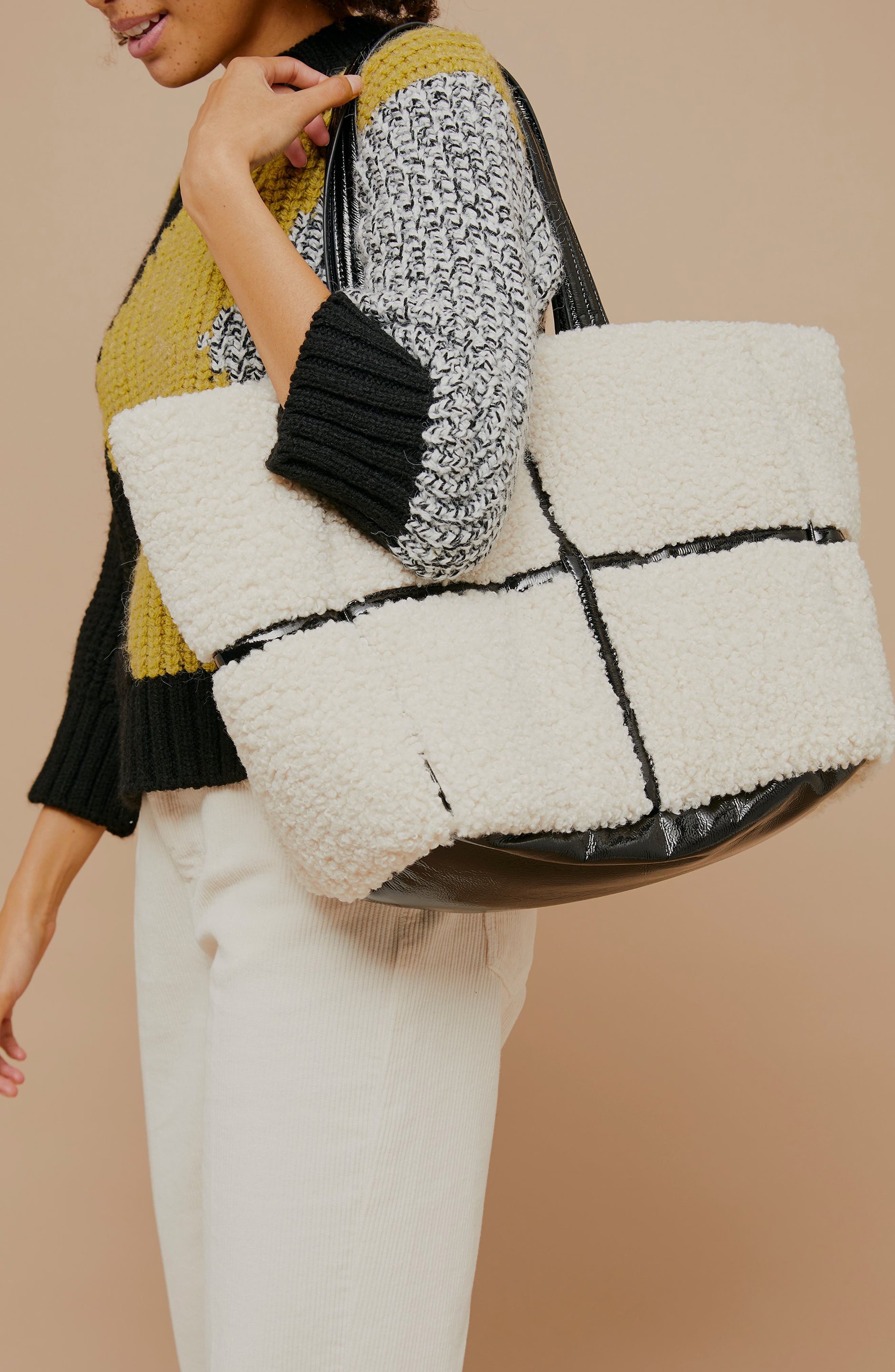 Topshop Faux Fur & Vinyl Tote Bag, Alternate, color, 
