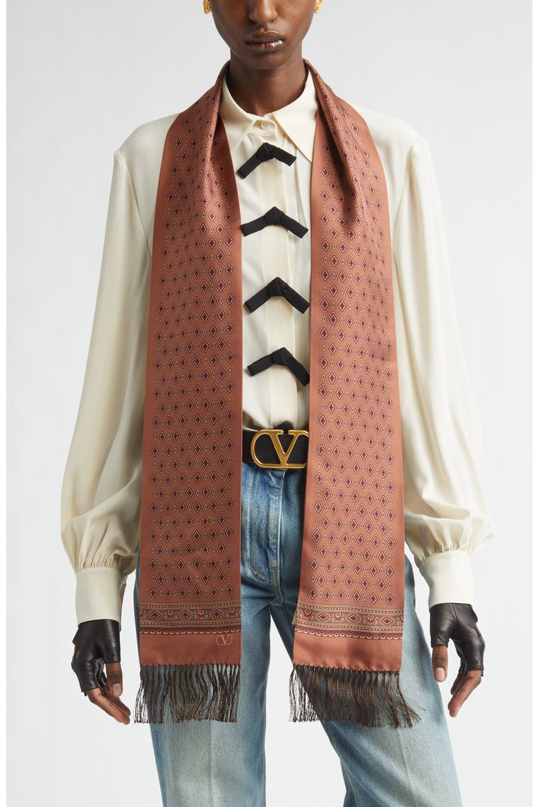 Medallion Print Silk Fringe Scarf, Main, color, LIGHT HAZELNUT