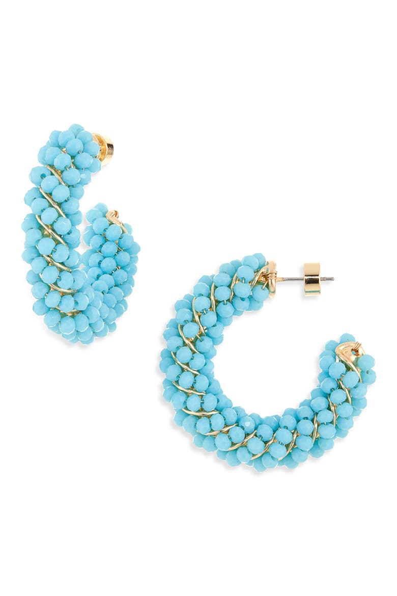 Beaded Huggie Hoop Earrings, Main, color, TURQUOISE- GOLD