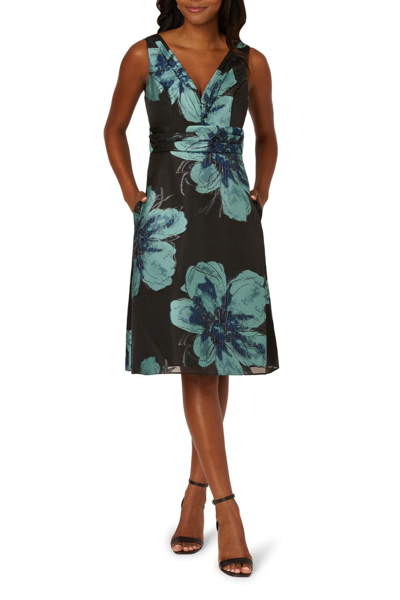 Metallic Floral Jacquard Sleeveless Cocktail Dress, Main, color, BLACK MULTI