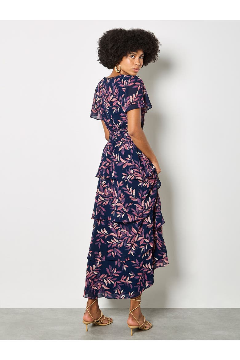 Tiered Leaf Print Dress, Alternate, color, Navy