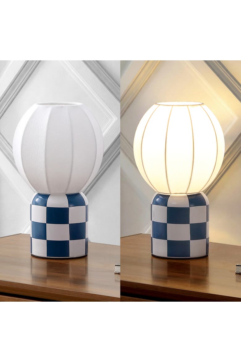 Valarie Contemporary Modern Checkerboard Ceramic with Ribbed Cocoon Globe Shade LED Mini Table Lamp, Alternate, color, Navy/White