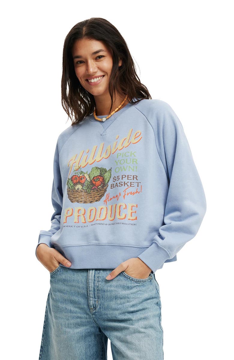 Cotton On Women's Classic Fleece Graphic Raglan Crew Sweatshirt, Main, color, Hillside Produce Dusk Blue