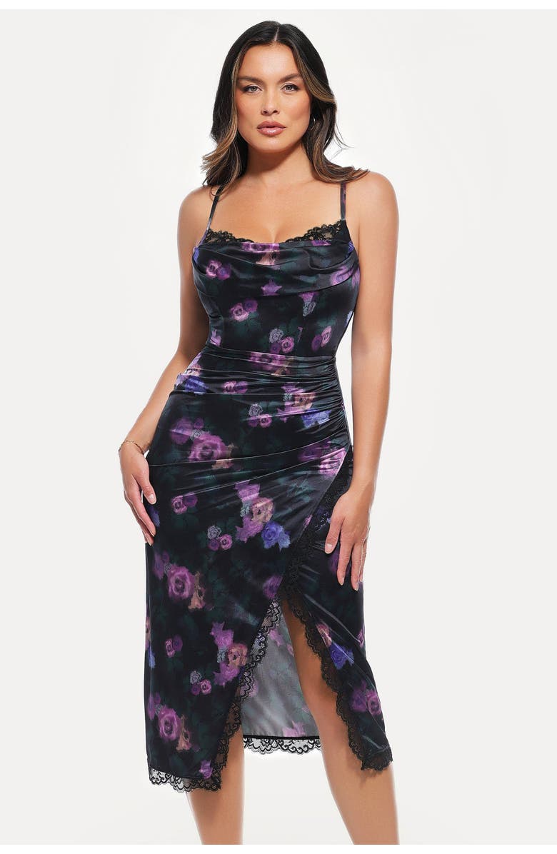 Popilush Lace Trim Sculpting Floral-Print Midi Dress, Alternate, color, Nocturne Floral