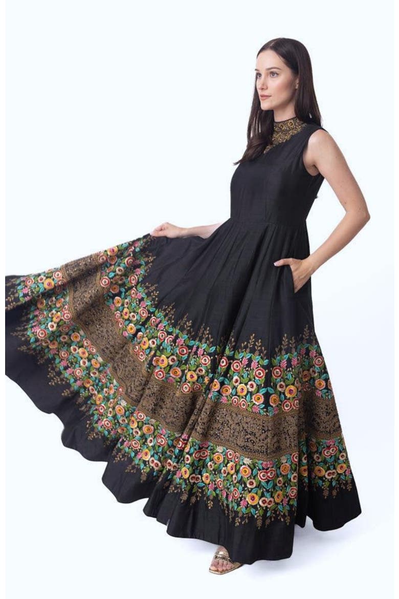 Kaylie Floral Embroidered Gown, Alternate, color, Black