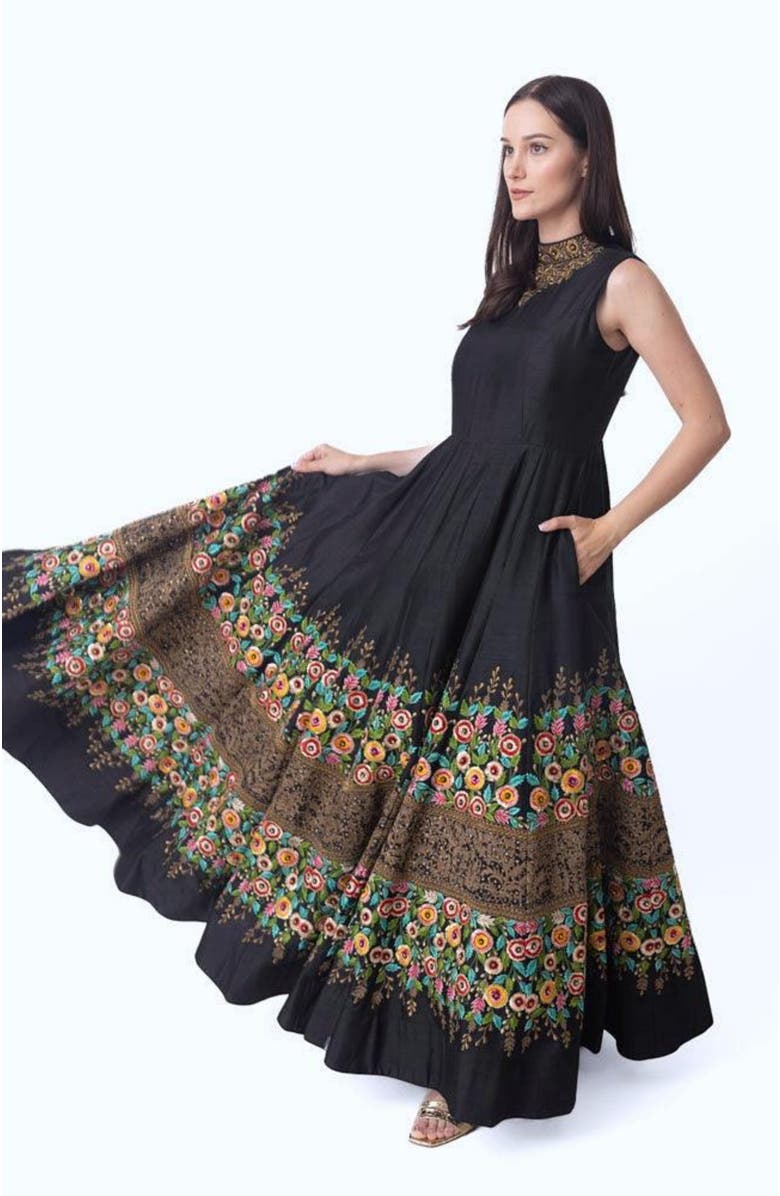 RAAS Kaylie Floral Embroidered Gown, Alternate, color, Black
