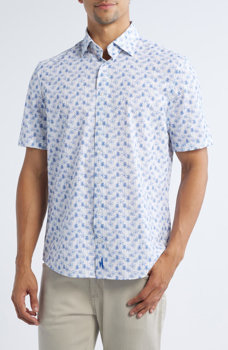 johnnie-O Mendocino Hangin' Out Palm Tree Print Short Sleeve Knit Button-Up Shirt, Main, color, 