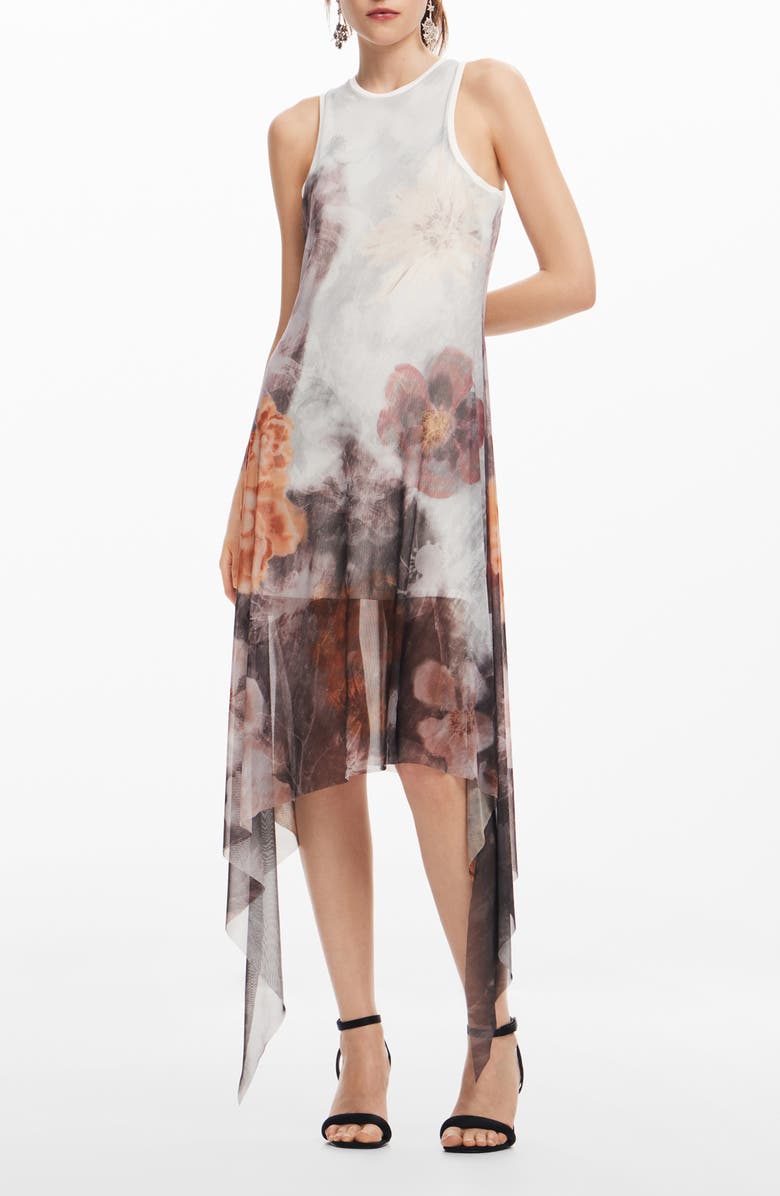 Desigual Floral Sleeveless Handkerchief Hem Dress, Main, color, Black/ Ivory