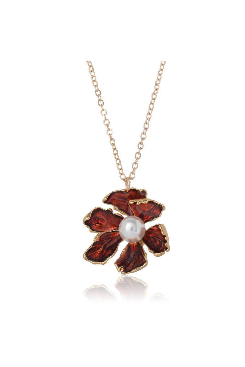 Gold-Tone Floral Pendant Necklace with Pearl Detail, Main, color, Burgundy